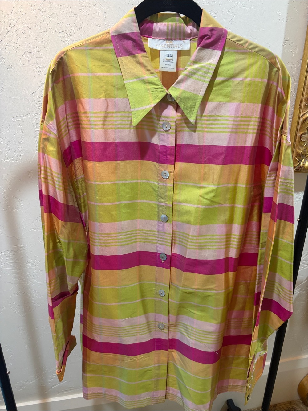 Essentials Striped Plaid Button-Up Shirt in Lime, Pink & Fuchsia